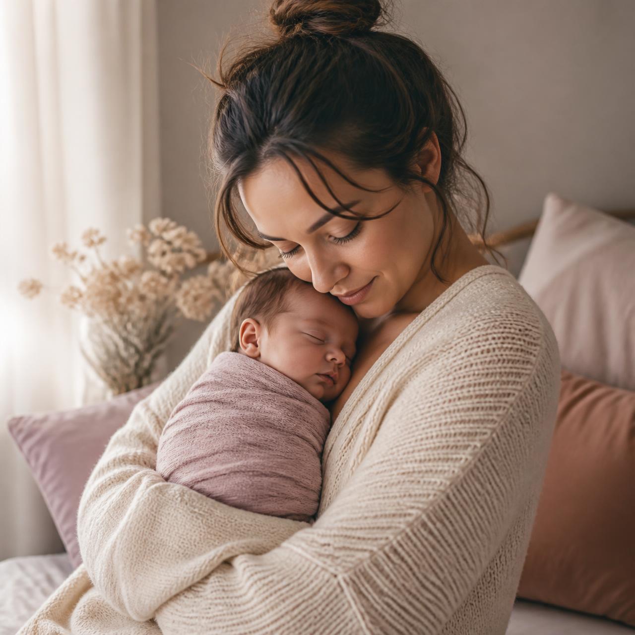 A mother in soft cream knitwear holding her sleeping newborn close